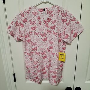 Revel Women's V-neck Scrub Top Size Medium Rosy Wongs Pink Butterflies Bling NWT